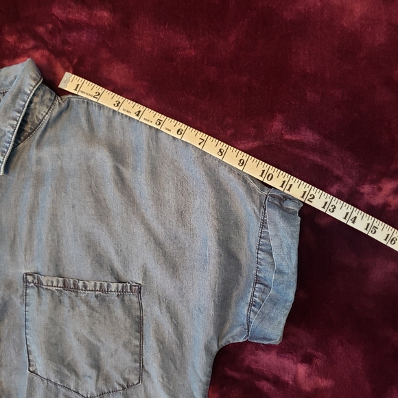 Cute Soft Blue Button Up Short Sleeve Collar Shirt Denim Top Spring DD77 Casual - Picture 13 of 14